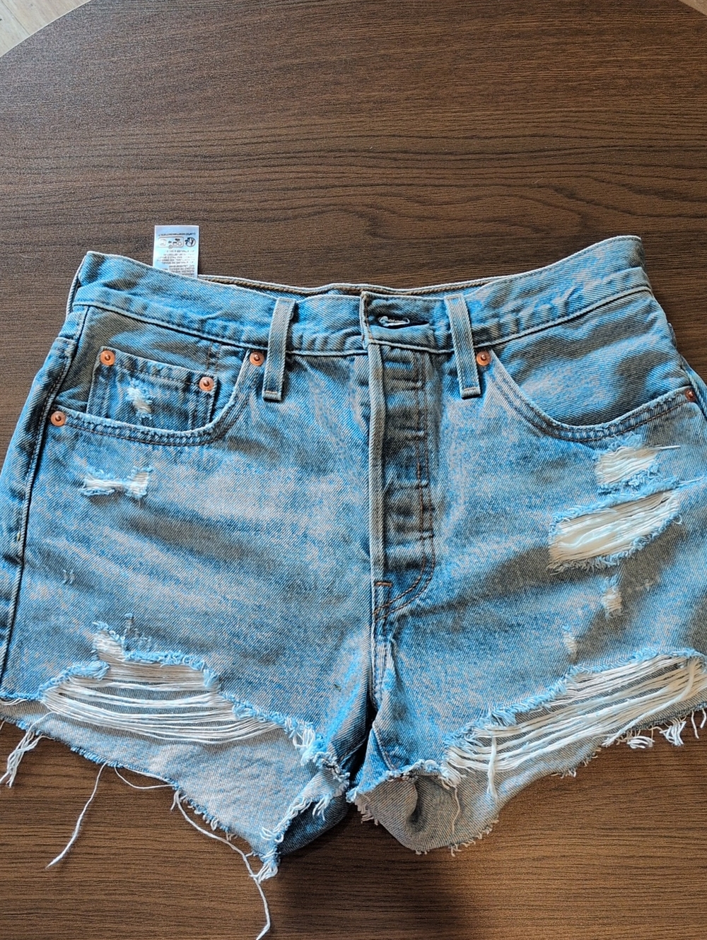 Levi's 501 Light Blue Distressed Denim Cutoff Shorts. Hi-Low. No Stretch.